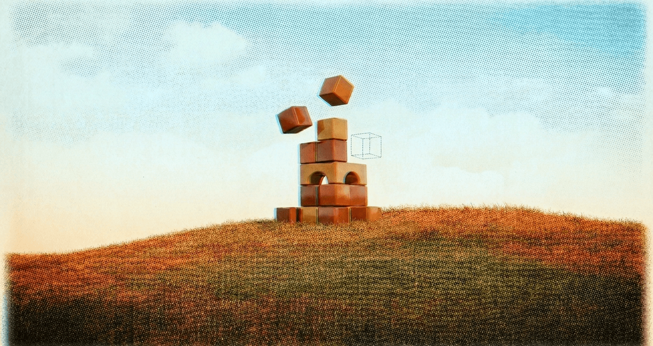 A fine-grain halftone photograph of a half-built block structure on a grassy hill, two blocks floating mid-placement beside a dashed ghost block